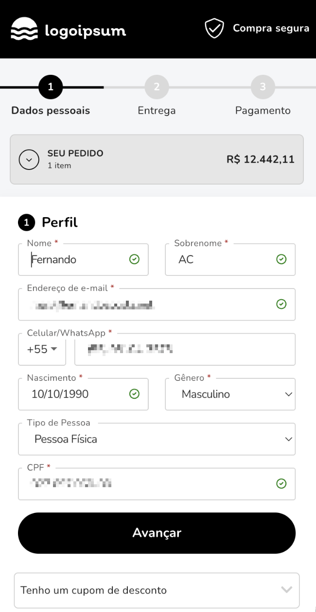 Checkout Rishi Mobile — Dados pessoais